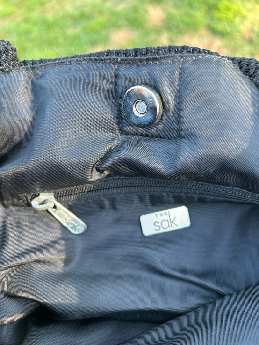 The Sak Black Crochet Tote with Gray Stripe Double Handle Strap Y2K - Picture 4 of 5